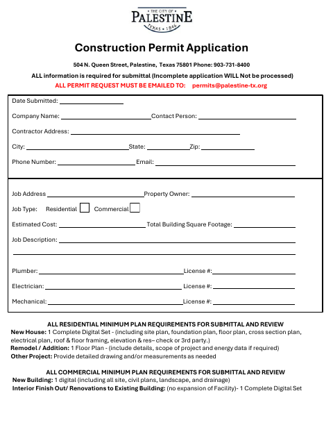 First page of the Construction Permit Application