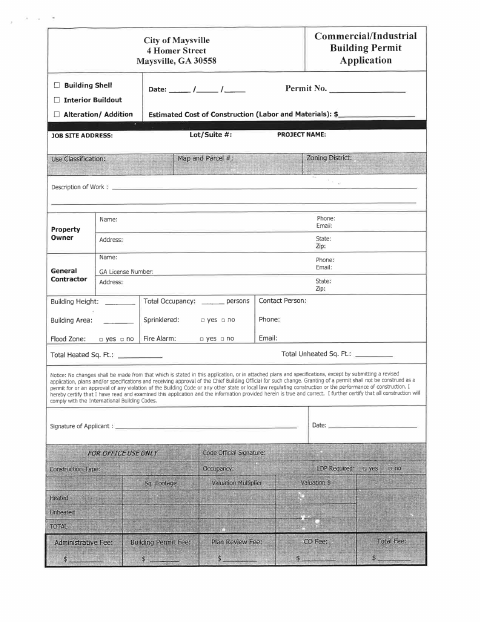 First page of the Commercial-Industrial Building Permit Application
