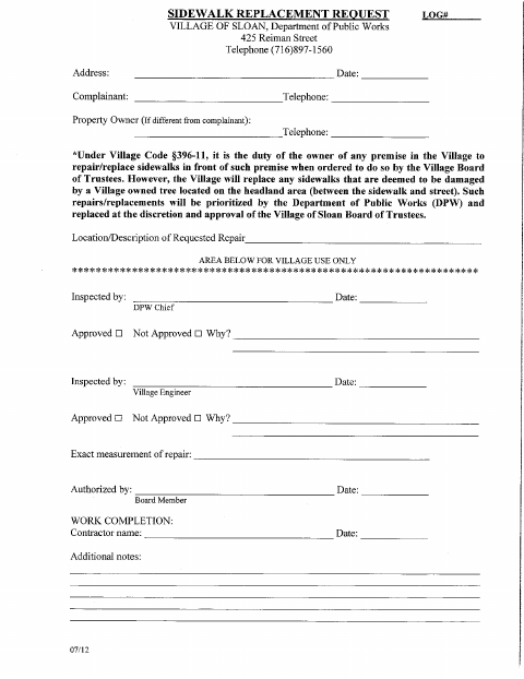 First page of the Sidewalk Replacement Request
