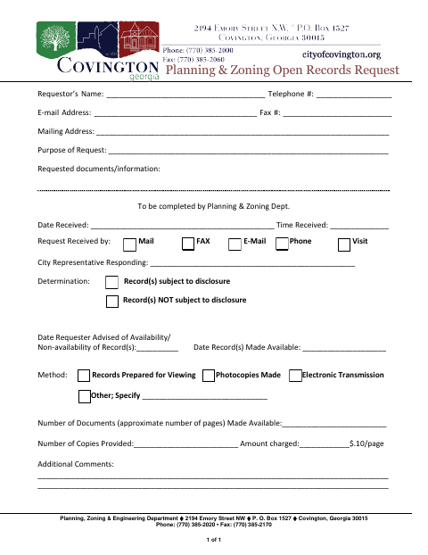 First page of the Planning, Zoning & Engineering Open Records Request