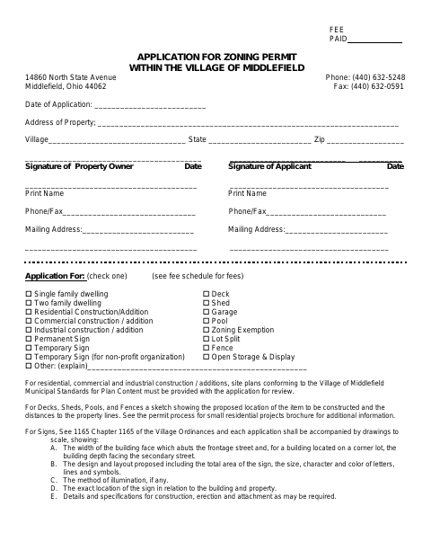 First page of the Application for Zoning Permit