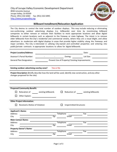 First page of the Billboard Installment/Relocation Application