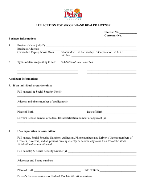 First page of the Application for Secondhand Dealer License