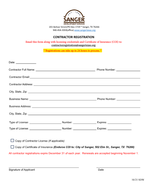 First page of the Contractor Registration