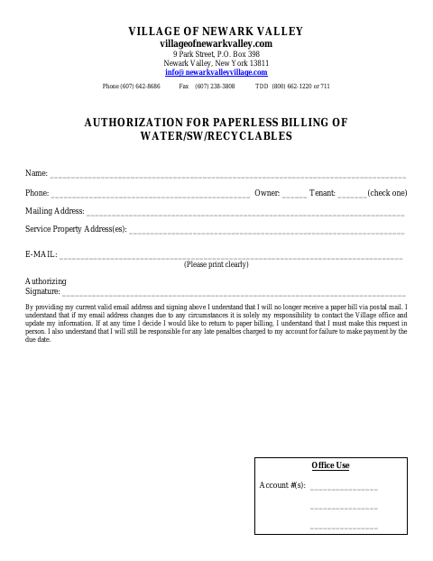 First page of the Authorization for Paperless Billing of Water, Sewer, and Recyclables