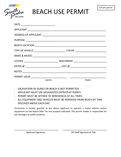 First page of the Beach Use Permit