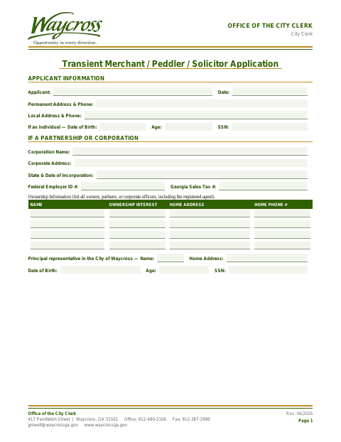 First page of the Transient Merchant / Peddler / Solicitor Application