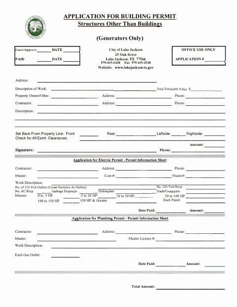 First page of the Application for Building Permit: Generators Only