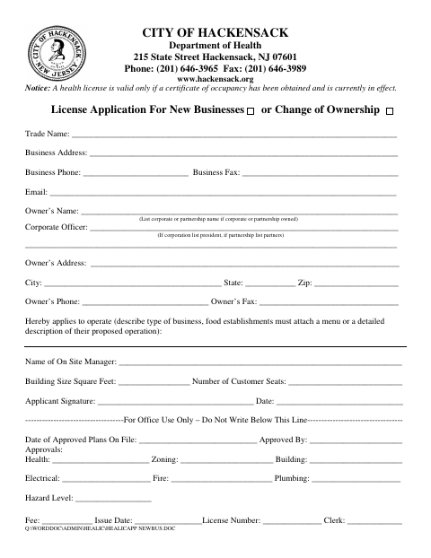 First page of the License Application for New Businesses or Change of Ownership