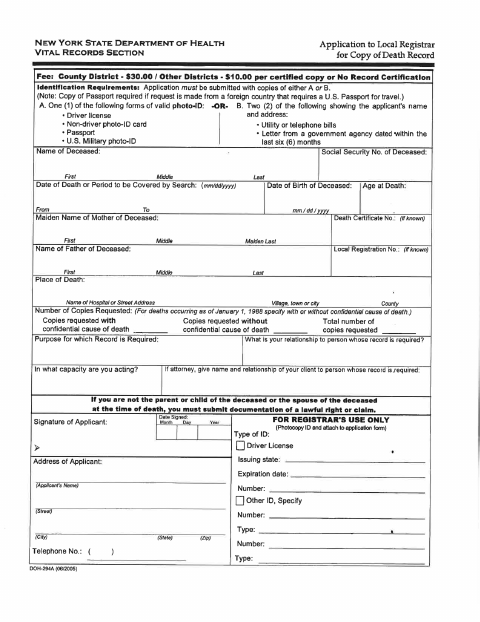 First page of the Application for Copy of Death Record