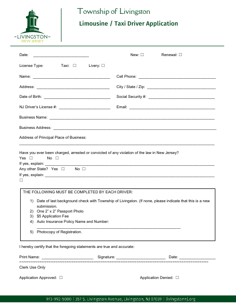 First page of the Limousine / Taxi Driver Application