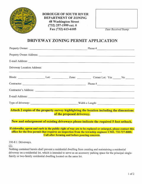First page of the Driveway Zoning Permit Application