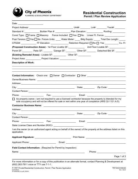 First page of the Residential Construction Permit / Plan Review Application