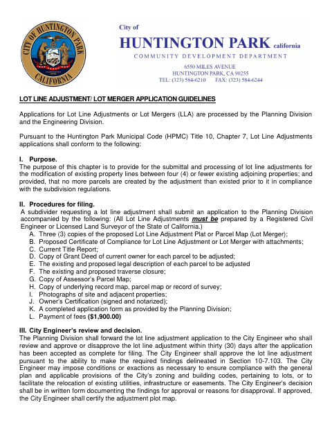 First page of the Lot Line Adjustment and Lot Merger Application
