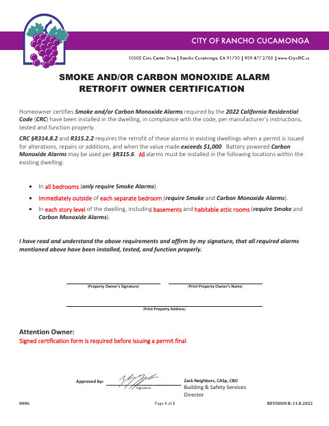 First page of the Smoke and/or Carbon Monoxide Alarm Retrofit Owner Certification