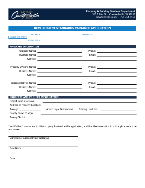 First page of the Development Standards Variance Application