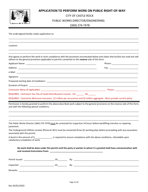 First page of the Application to Perform Work on Public Right-of-Way