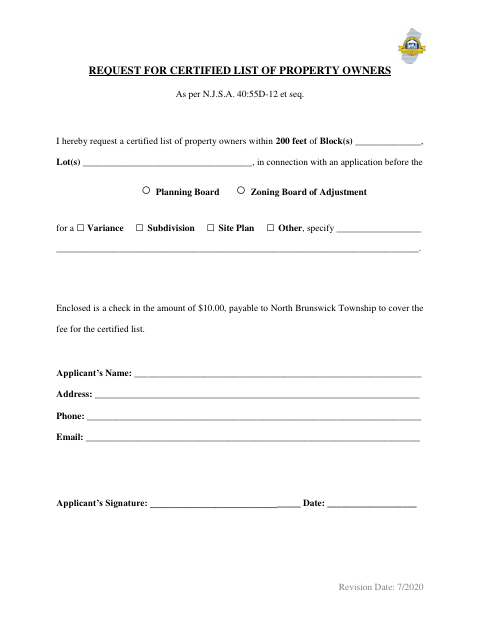 First page of the Request for Certified List of Property Owners