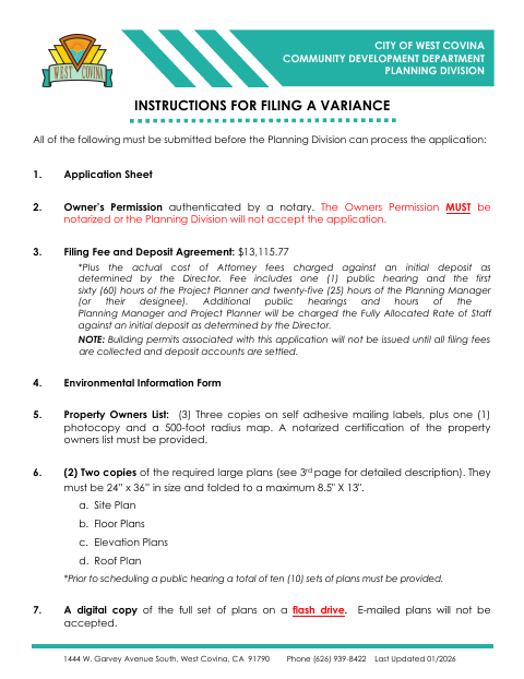 First page of the Variance Application