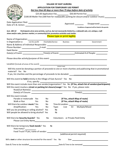 First page of the Application for Temporary Use Permit