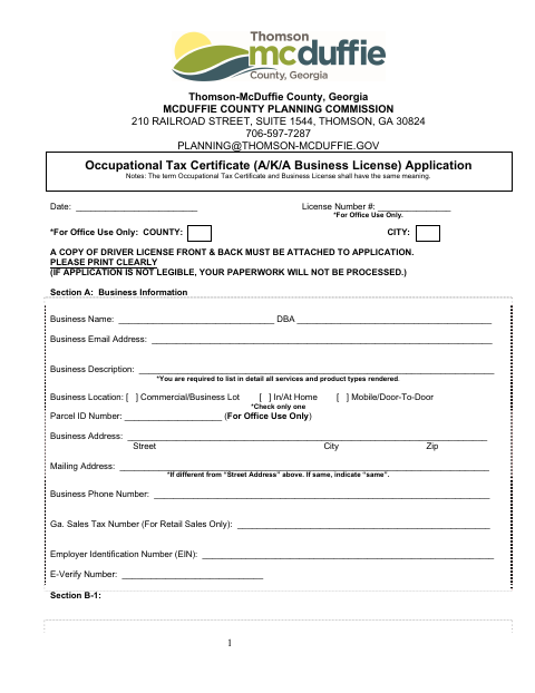 First page of the Business License Application