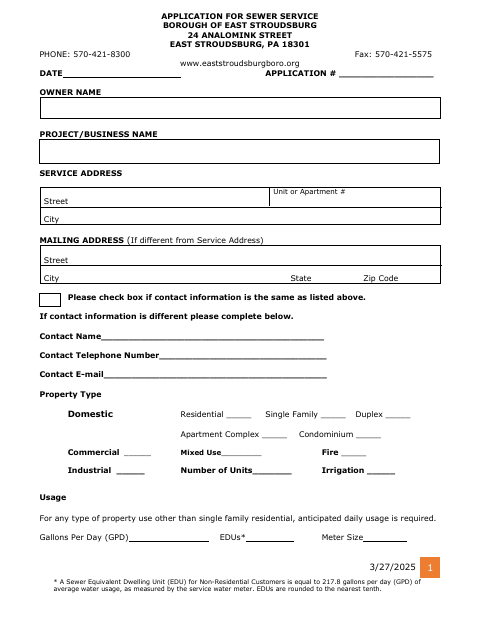 First page of the Application for Sewer Service