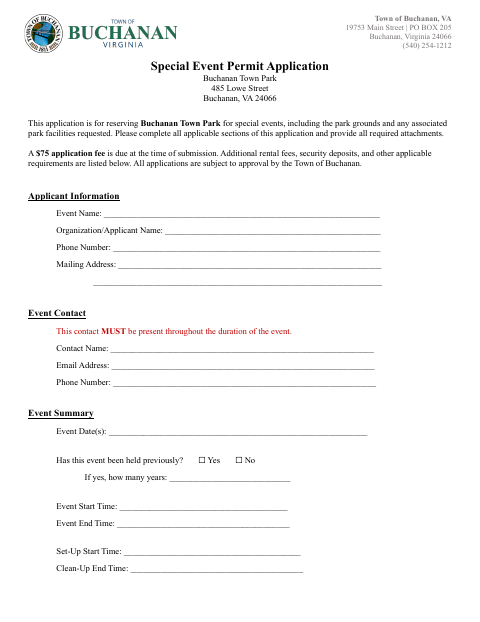 First page of the Special Event Permit Application