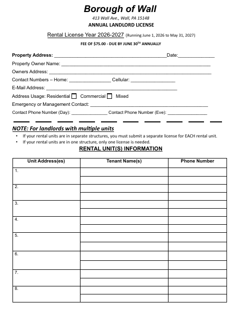 First page of the Annual Landlord License Application