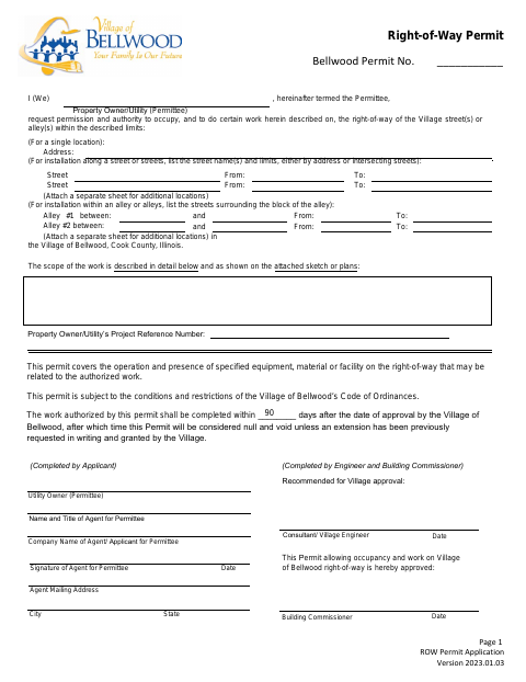 First page of the Right-of-Way Permit Application