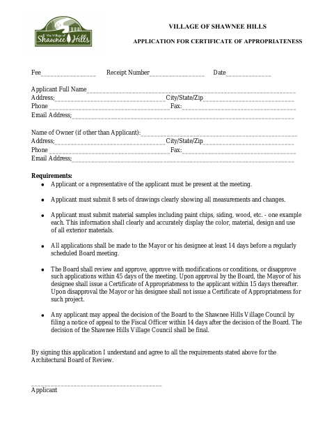 First page of the Application for Certificate of Appropriateness