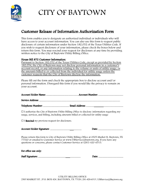First page of the Customer Release of Information Authorization Form