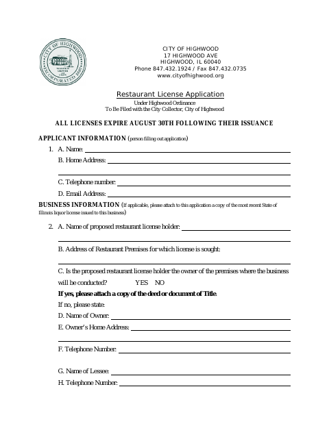 First page of the Restaurant License Application