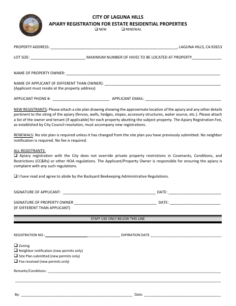 First page of the Apiary Registration
