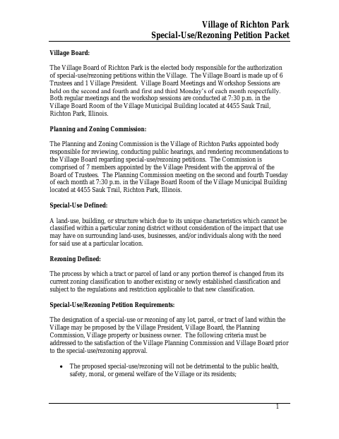 First page of the Special-Use/Rezoning Petition Packet