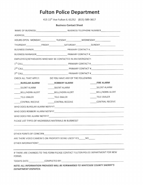 First page of the Business Contact Sheet