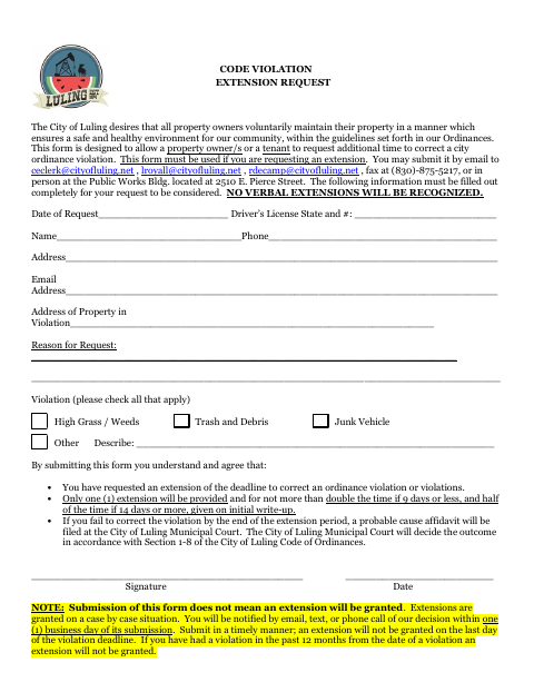 First page of the Code Violation Extension Request