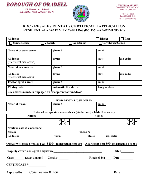 First page of the Resale, Rental, and Certificate Application for Residential Properties