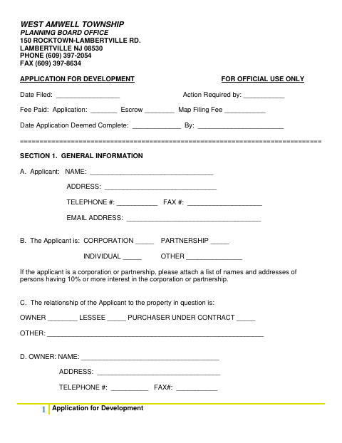First page of the Application For Development