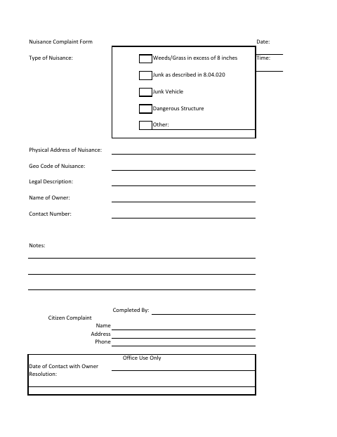 First page of the Nuisance Complaint Form