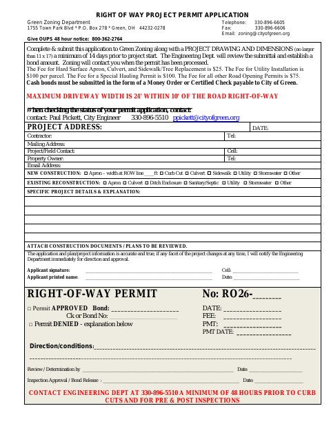First page of the Right of Way Project Permit Application