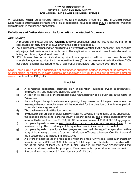 First page of the Massage Business License Application