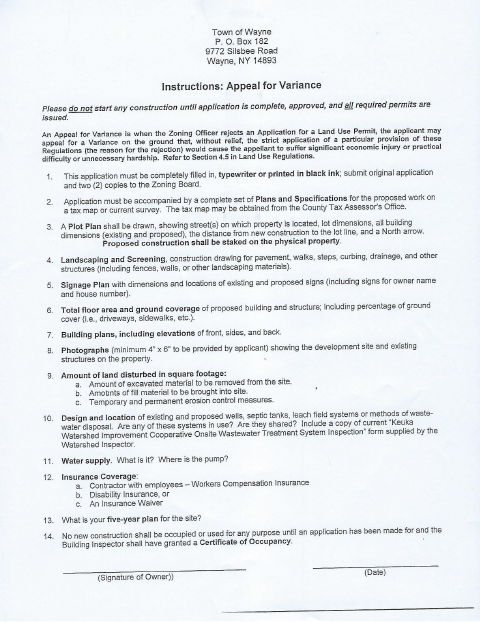 First page of the Appeal for Variance