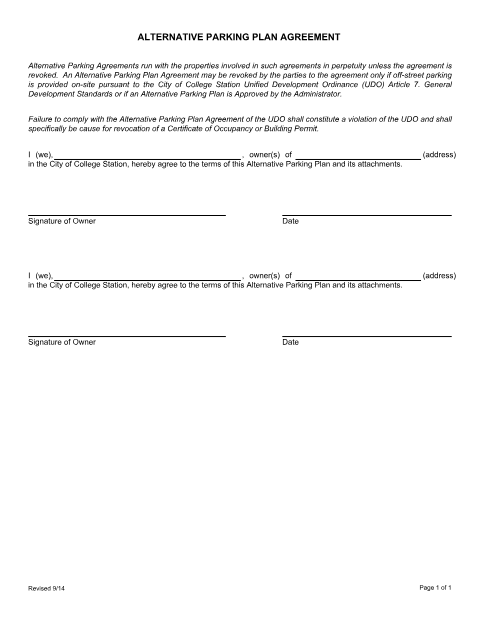 First page of the Alternative Parking Plan Agreement