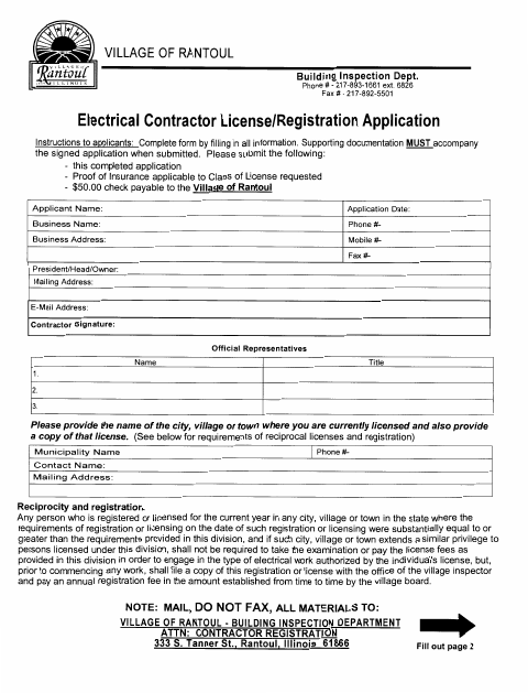 First page of the Electrical Contractor License/Registration Application