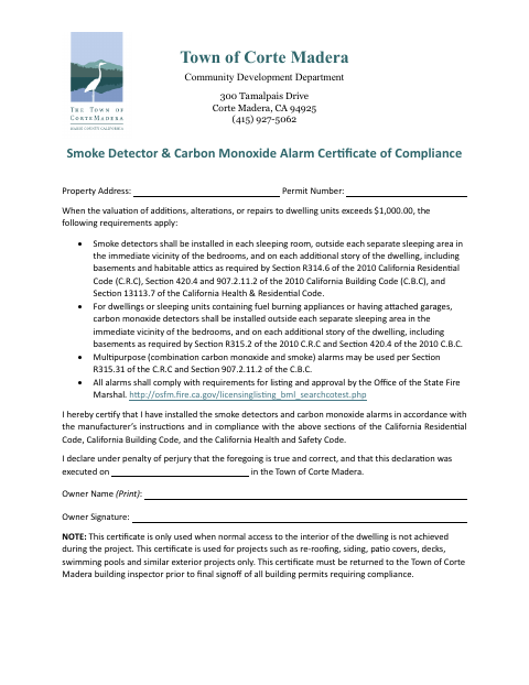 First page of the Smoke Detector & Carbon Monoxide Alarm Certificate Of Compliance