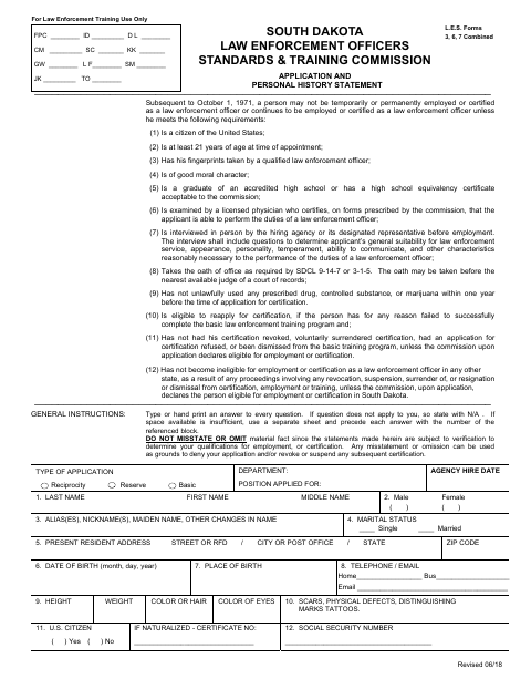 First page of the Law Enforcement Reserve Application and Personal History Statement