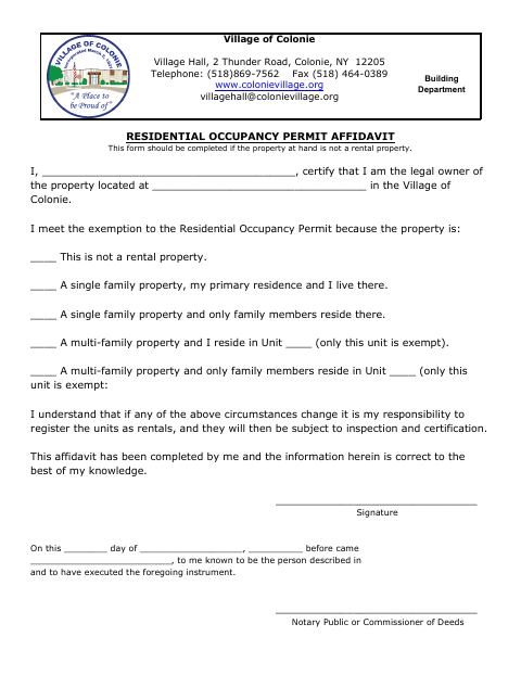 First page of the Residential Occupancy Permit Exemption Affidavit