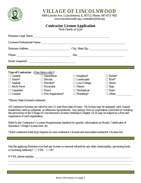 First page of the Contractor License Application