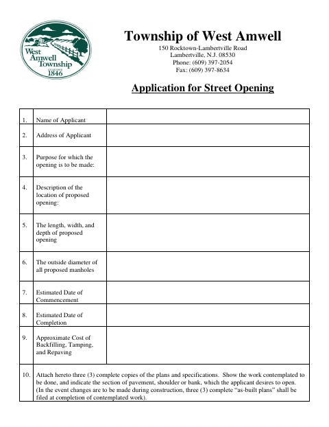 First page of the Application for Street Opening