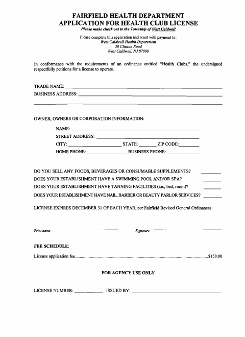 First page of the Health Club License Application